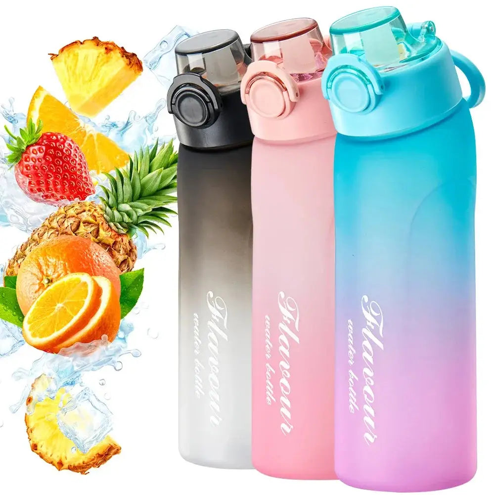 750ml flavored water bottles in frosted black, pink, and blue gradient with scent pods, ideal for camping, sports, and fitness hydration.