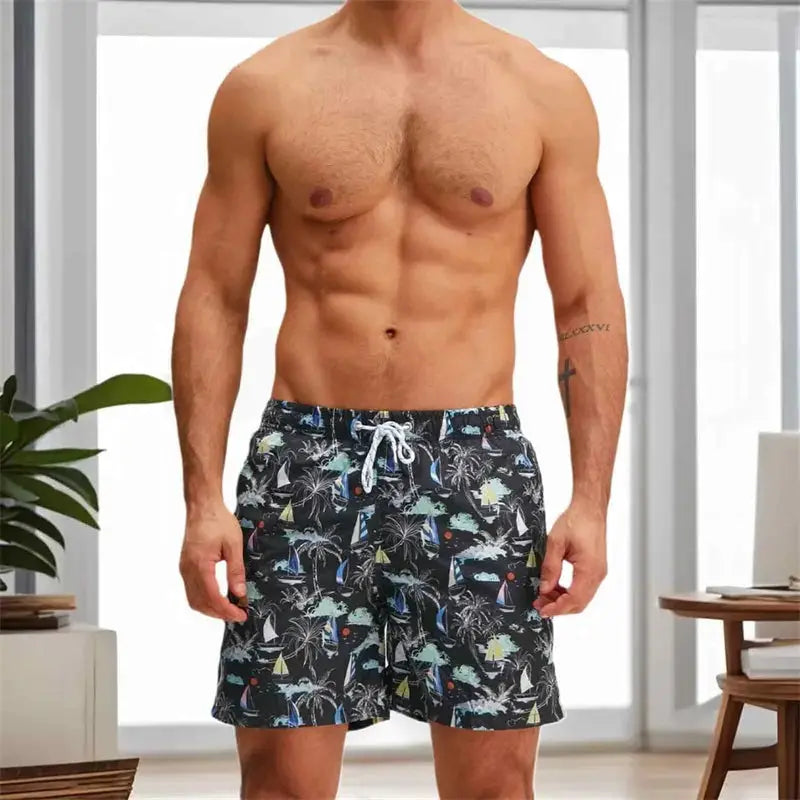 Men’s Quick-Dry Swim Trunks Tropical Palm Print Beach Shorts with Elastic Waist & Drawstring