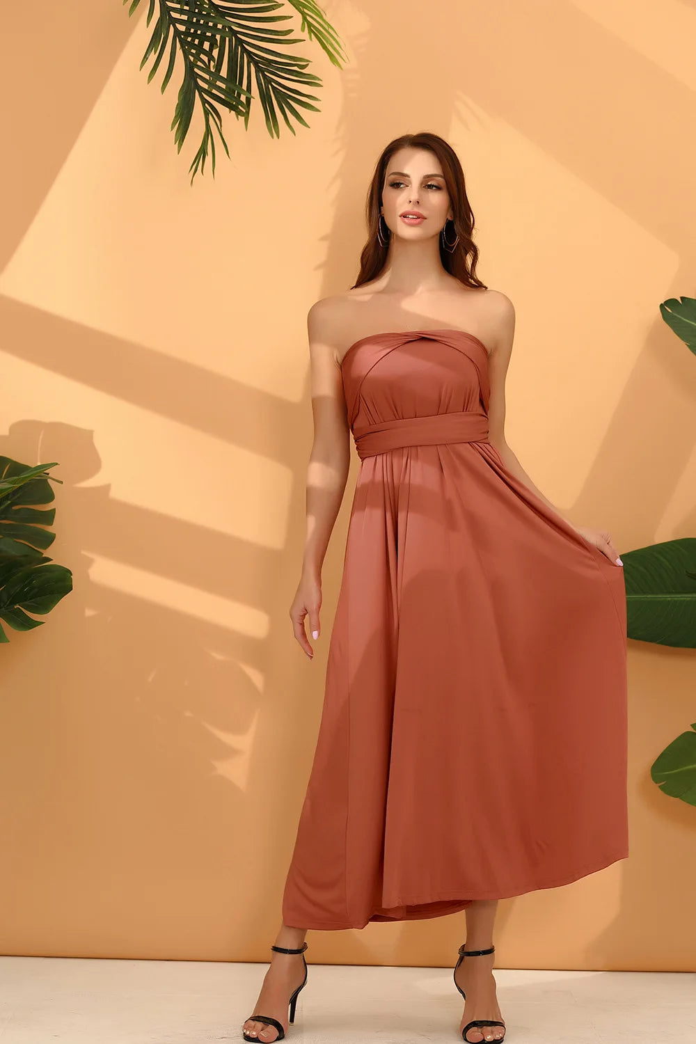 Rust strapless long dress