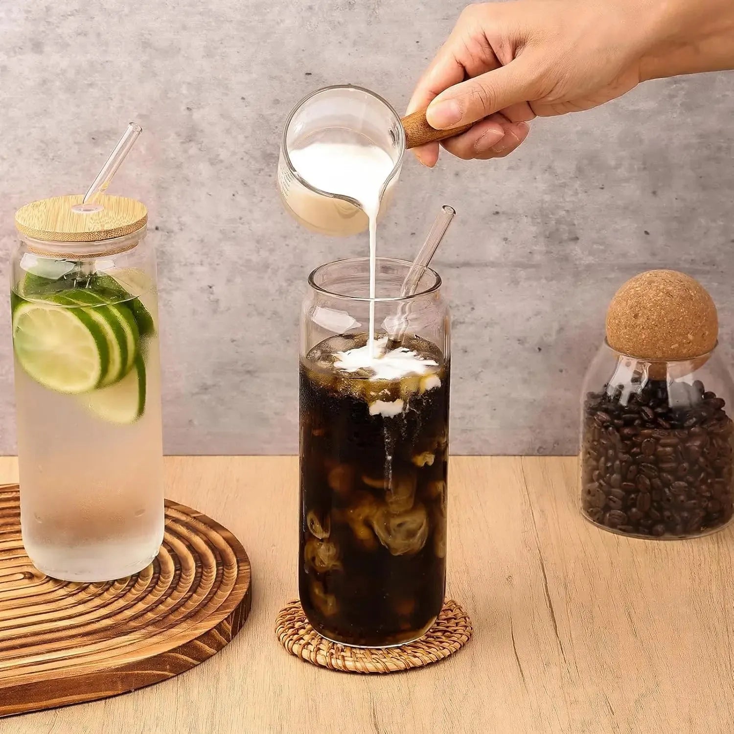 Glass Cups 4 Pack with Bamboo Lids and Reusable Straws