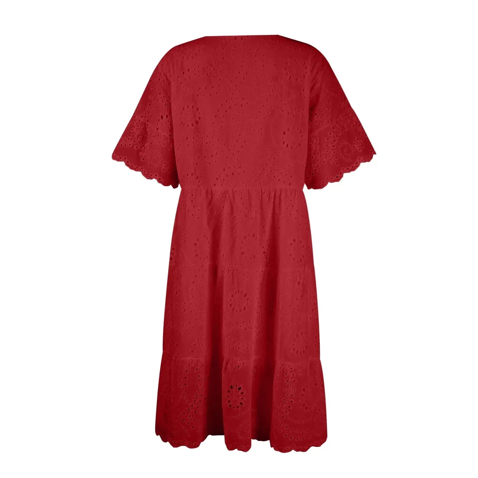 Women’s boho white lace dress, casual short sleeve sundress with pleats and hollow-out details