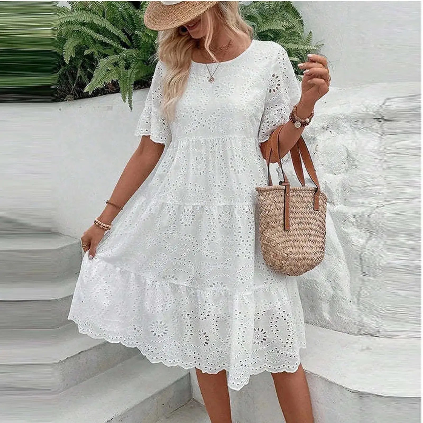 Women’s boho white lace dress, casual short sleeve sundress with pleats and hollow-out details