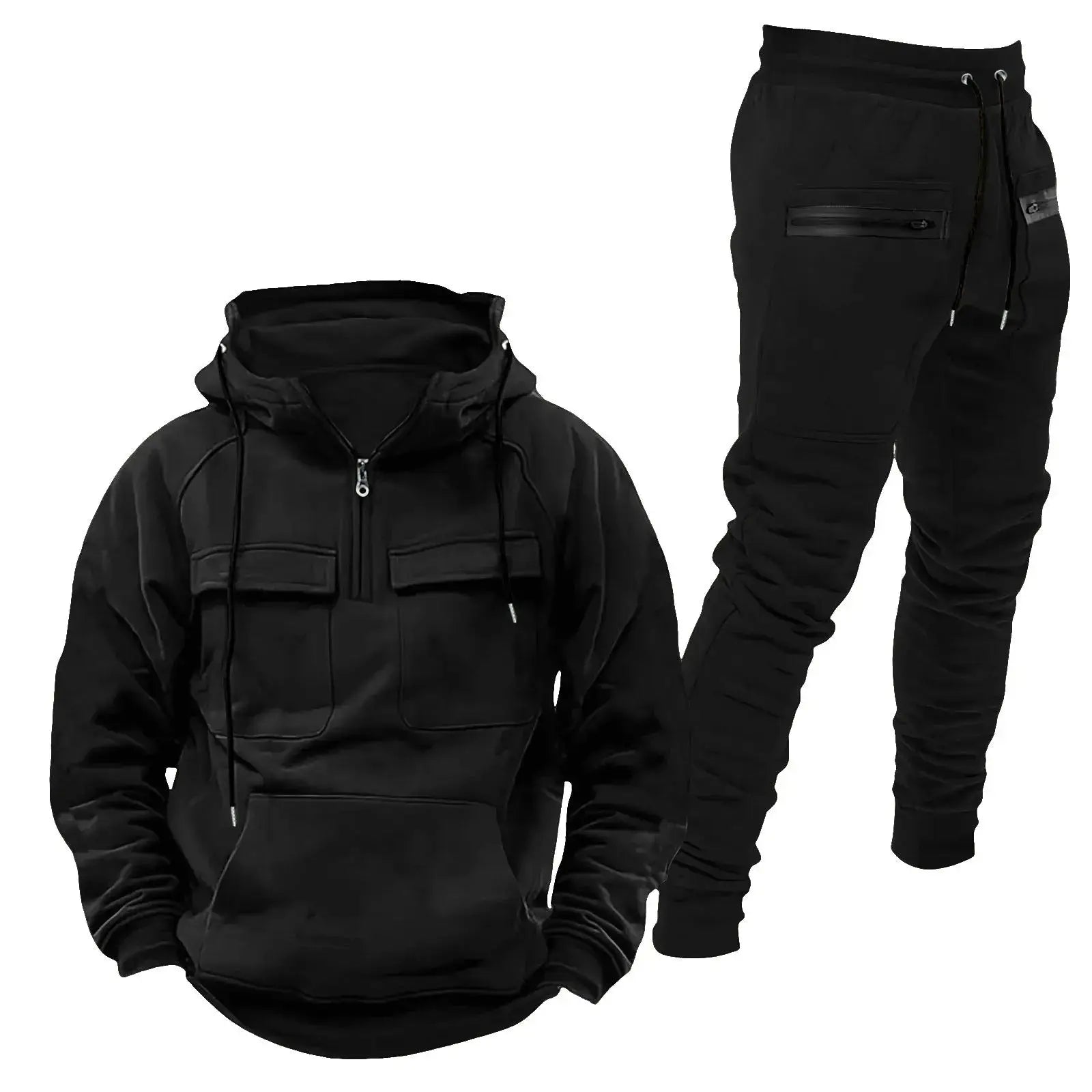 Black men’s 2-piece tracksuit featuring a half-zip hoodie with front pockets and slim-fit jogger pants, perfect for workouts or lounging.