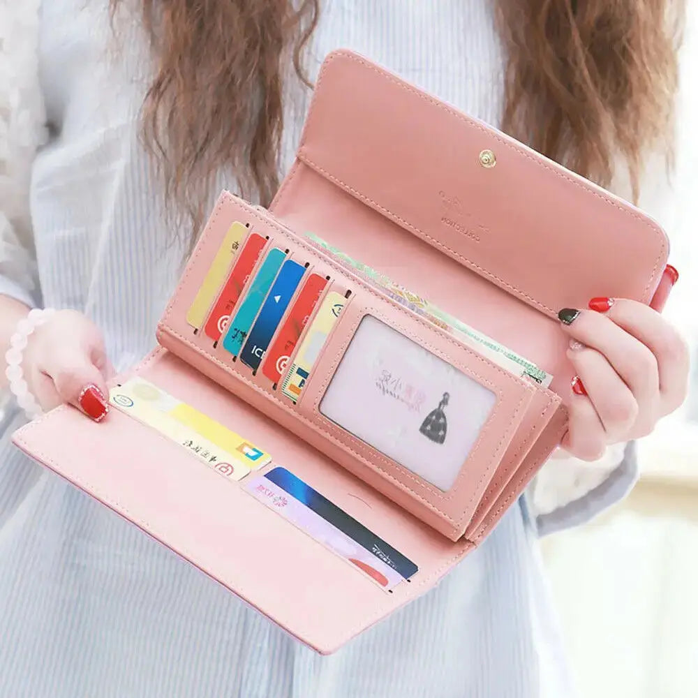 Women’s long PU leather wallet with crown detail, bifold card holder and phone organizer purse for daily use
