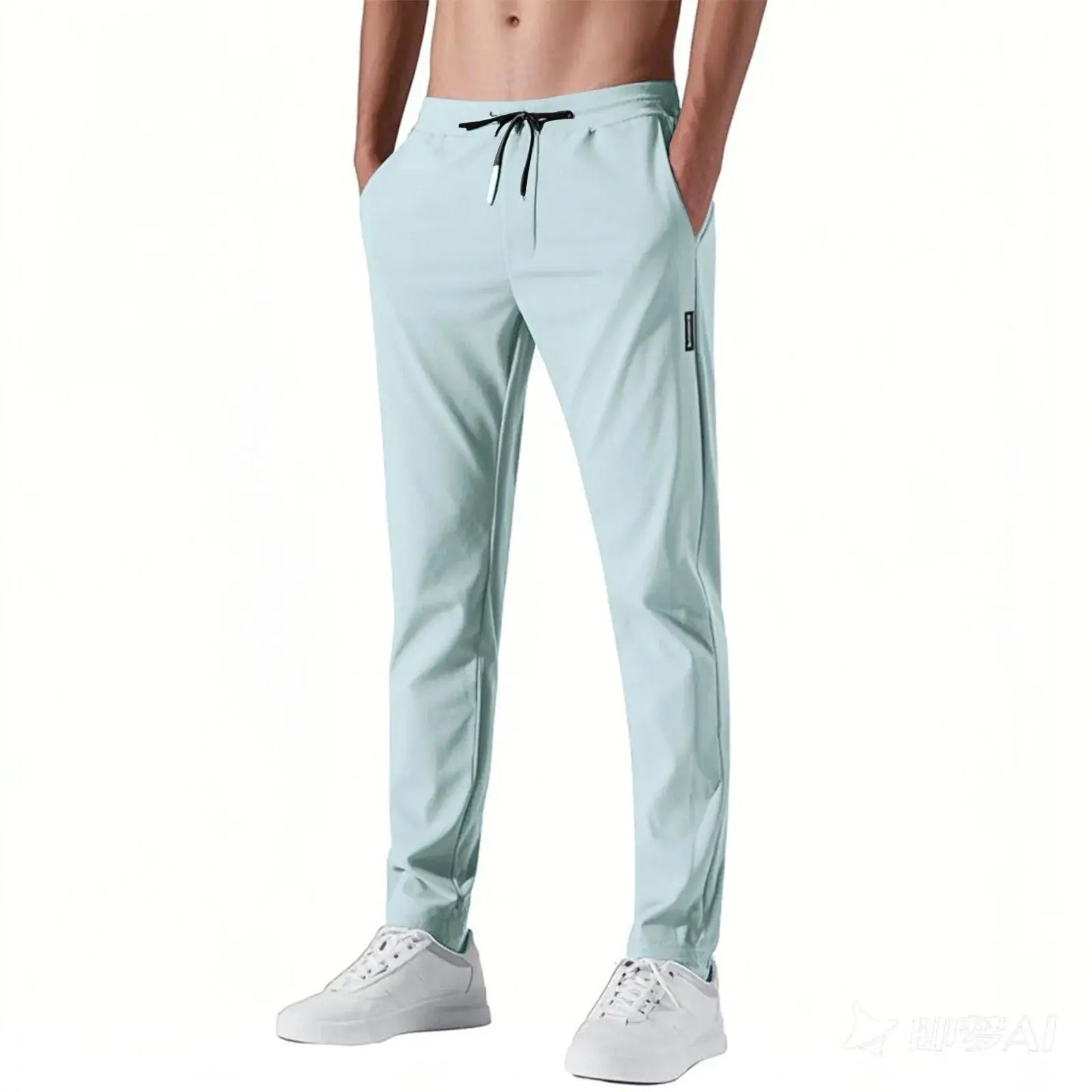 Light blue men’s quick-dry stretch pants featuring breathable ice silk fabric, mid-waist loose fit and straight-leg cut for summer comfort.