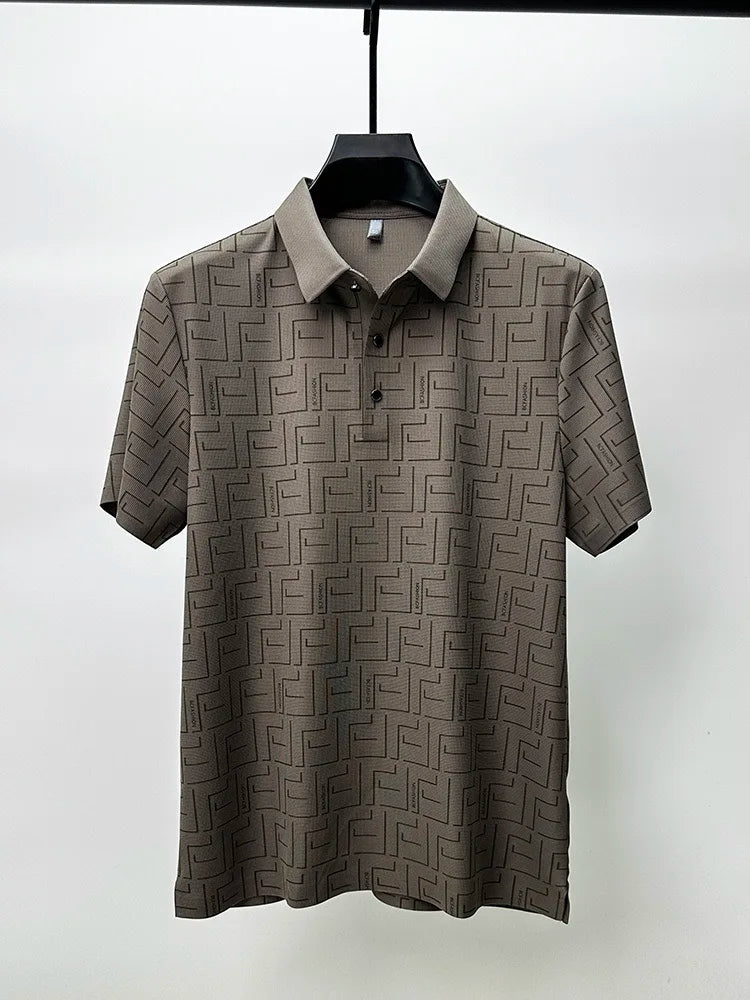 Brown silk t-shirt for men displayed on a hanger.