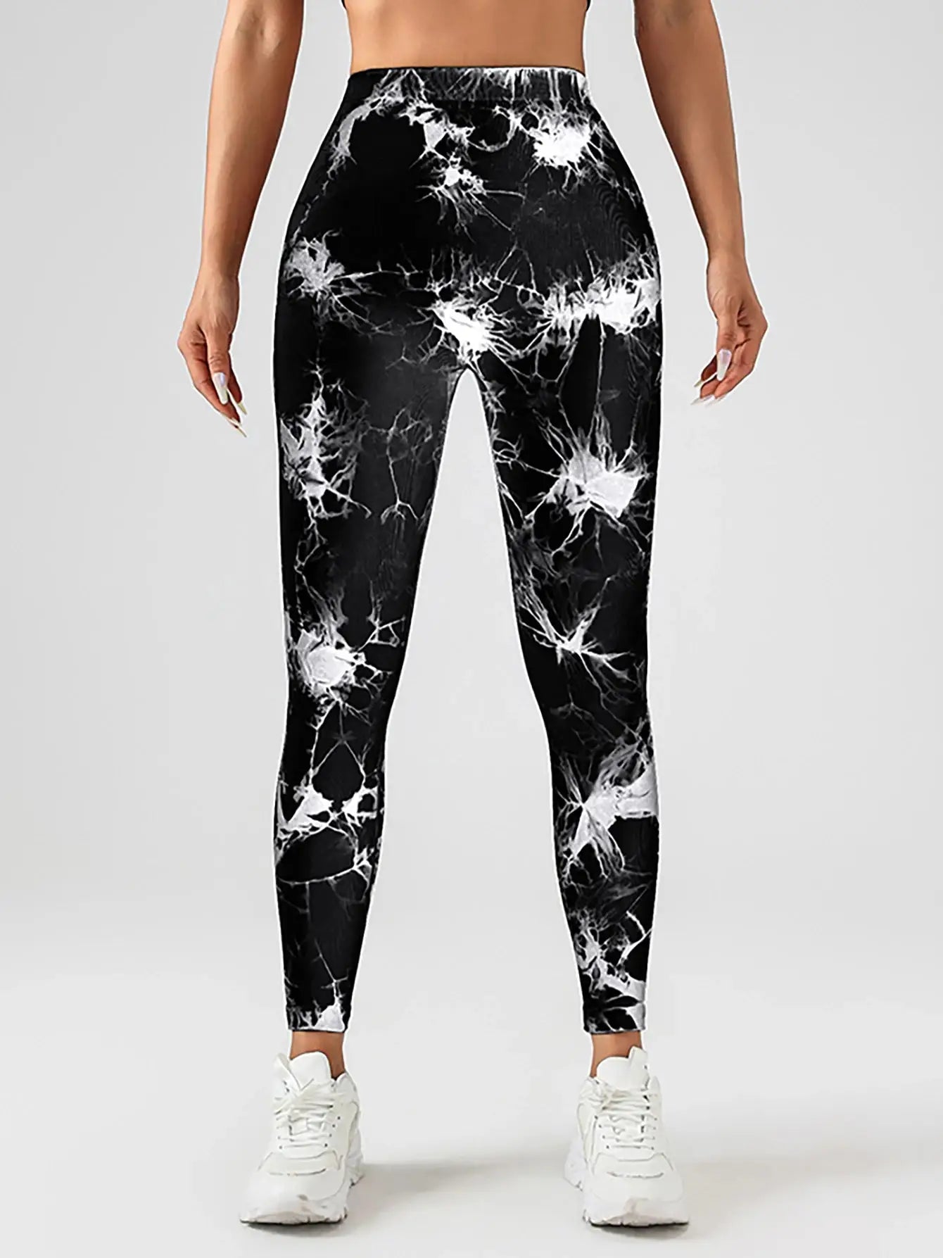 Front view of black and white US Women's Spandex Tie Dye Scrunch Butt Lifting High Waist Leggings, perfect for stylish workout or casual wear.