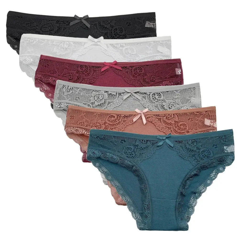 5-pack women's lace low-rise cotton panties in assorted colors including black, white, burgundy, khaki, and teal with bow detail. Soft briefs ideal for daily comfort in lingerie category.
