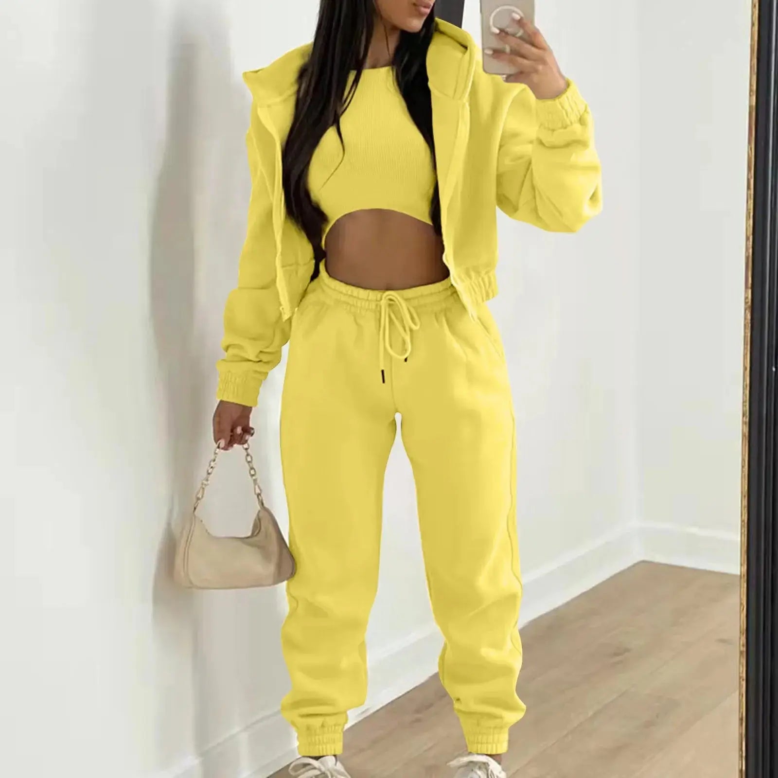 Women's Autumn Winter Casual Tracksuit Set with Vest Top, Zipper Jacket and Loose Pants, Available in Plus Sizes
