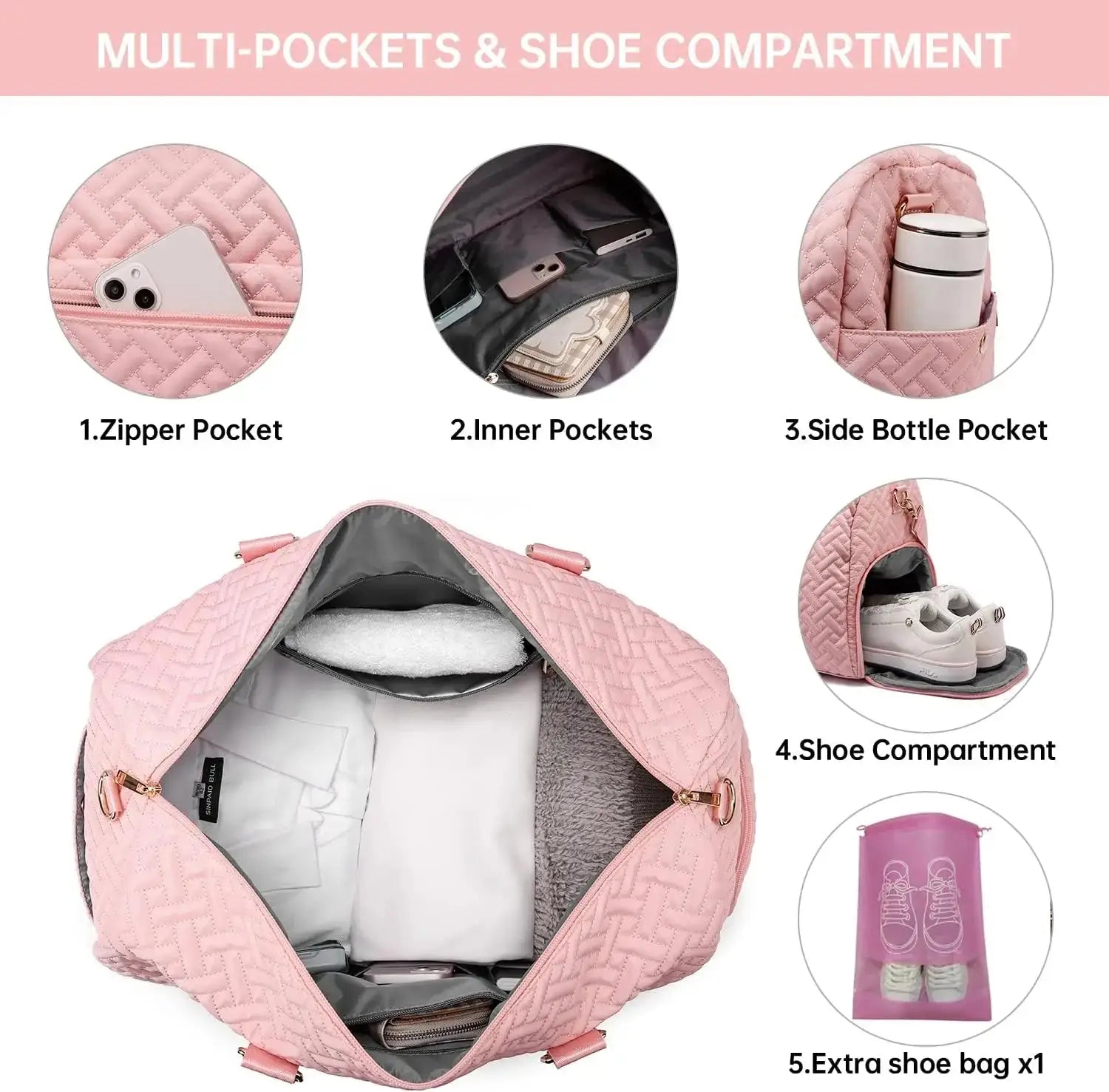 Women's travel duffle bag with shoe compartment and toiletry pouch, ideal for weekend trips or carry-on use