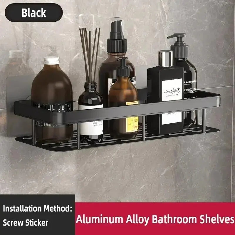 Black aluminum bathroom shelf with bottles