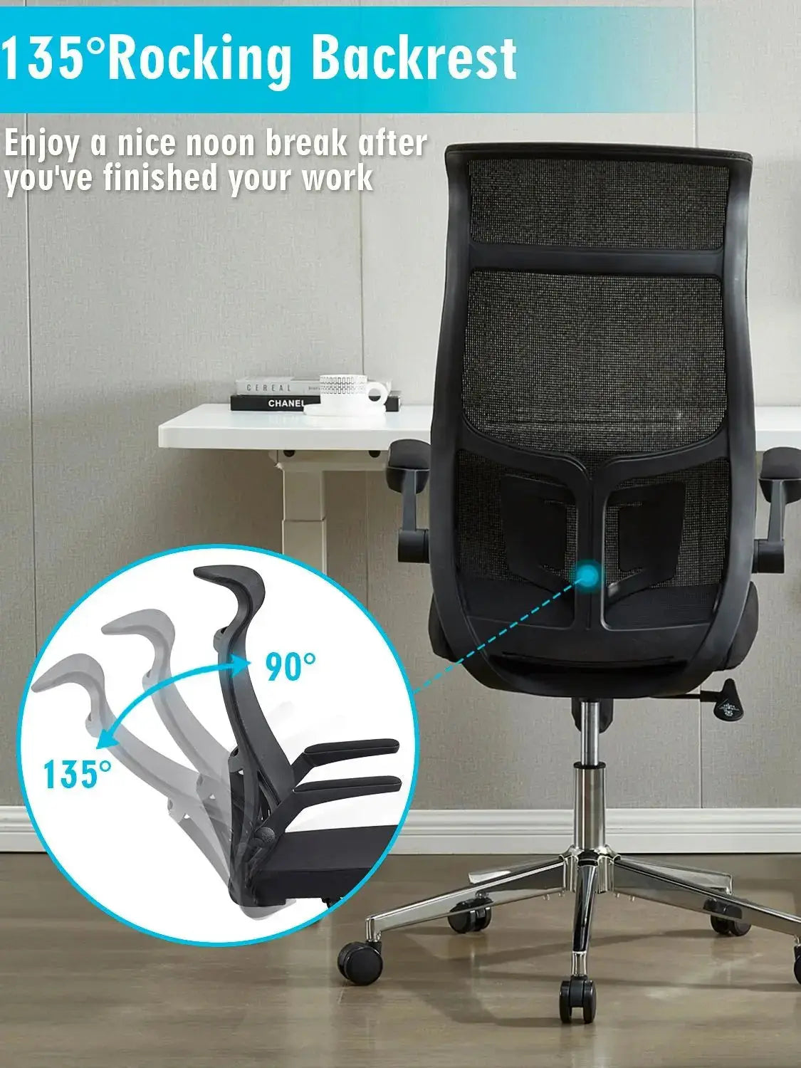 Ergonomic Office Chair Fixed Headrest Flip-Up Arms Lumbar Support PU Wheels & Swivel Tilt