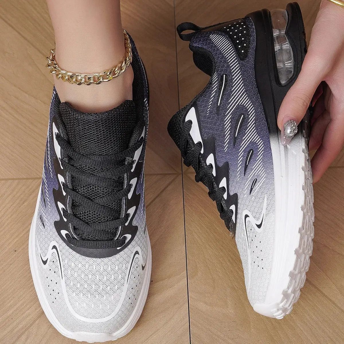 Comfortable walking sneakers for women shown on foot, featuring black laces and breathable mesh for daily walking or running.