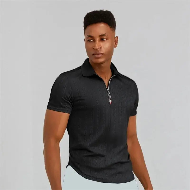 Men’s Jacquard Zip Polo Shirt – Short Sleeve Turn-Down Collar Top for Stylish Summer Casual Looks