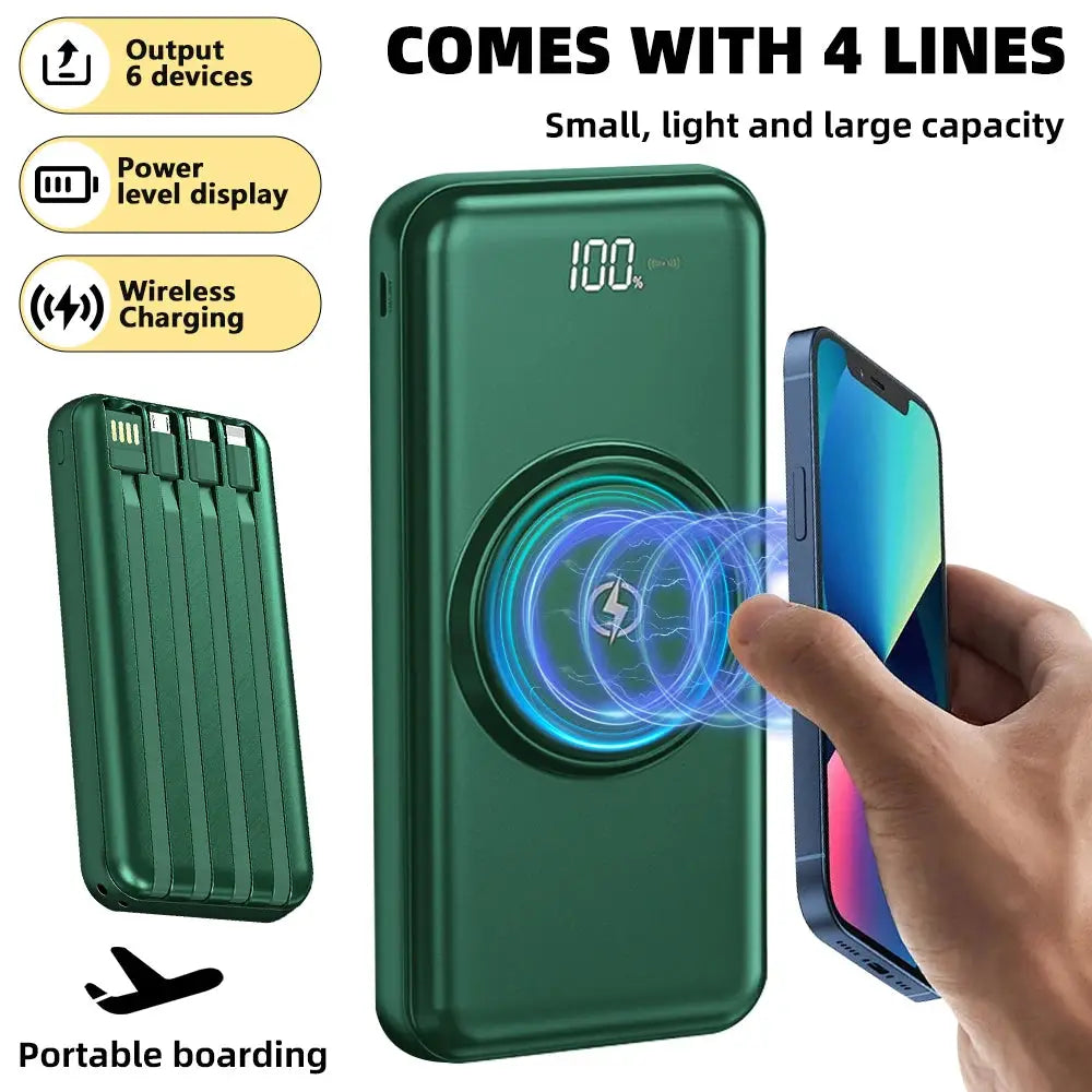 Wireless Power Bank 20000mAh Fast Charging with Built-in 4 Cables for iPhone 13–15 & Android Devices