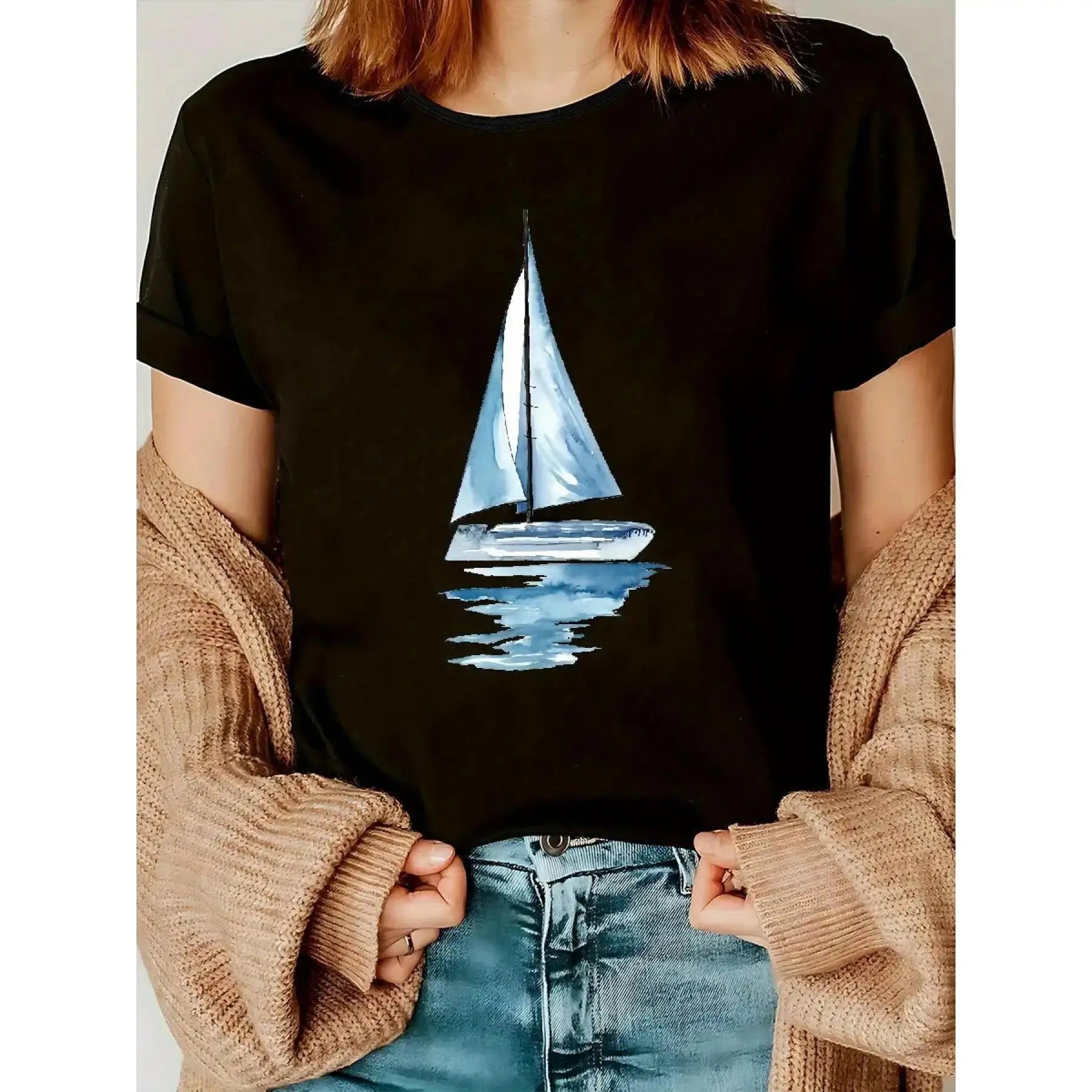 Women’s Sailboat Print Casual T-Shirt – Crew Neck Short Sleeve Tee for Spring, Summer & Fall Outfits