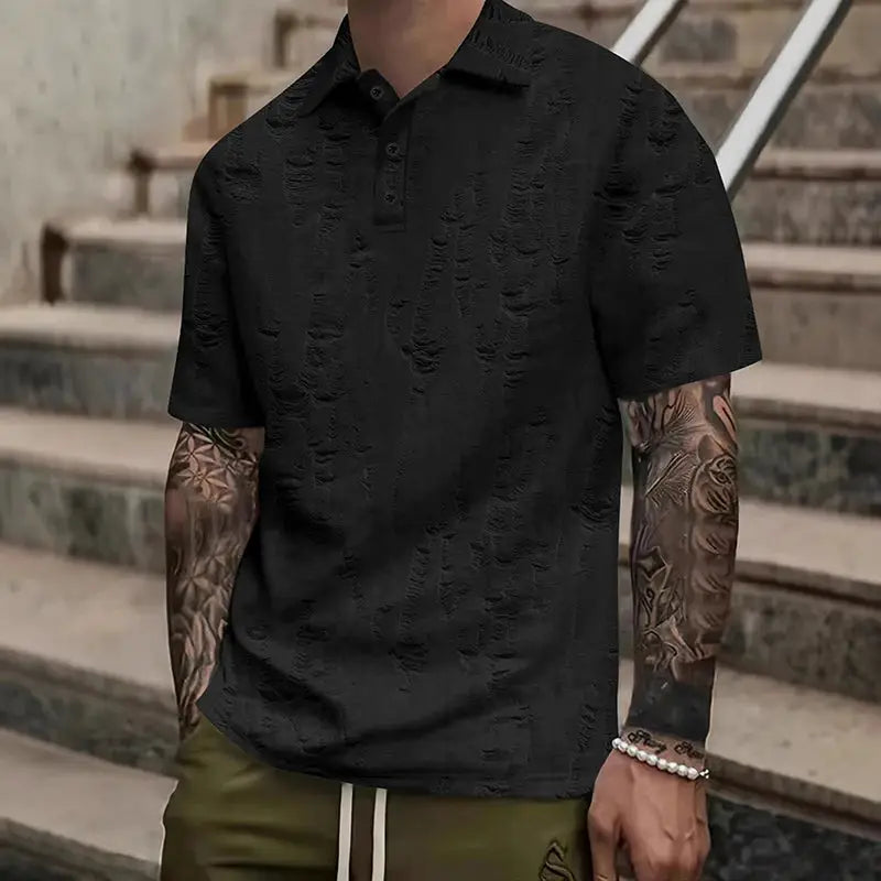 Black men’s short sleeve T-shirt with buttoned V-neck and worn-look texture, perfect for casual streetwear fashion.