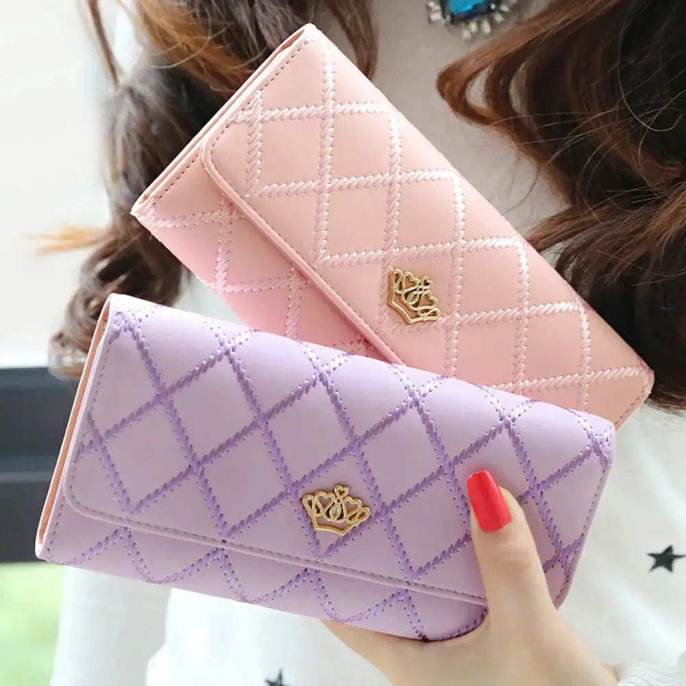 Women’s long PU leather wallet with crown detail, bifold card holder and phone organizer purse for daily use