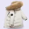 White kids winter jacket with fur hood