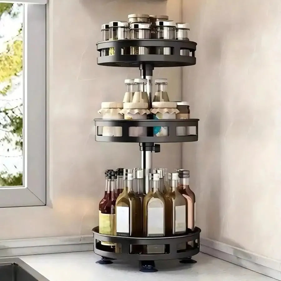 3 Tier Rotating Spice Rack with Polished Metal Organizer