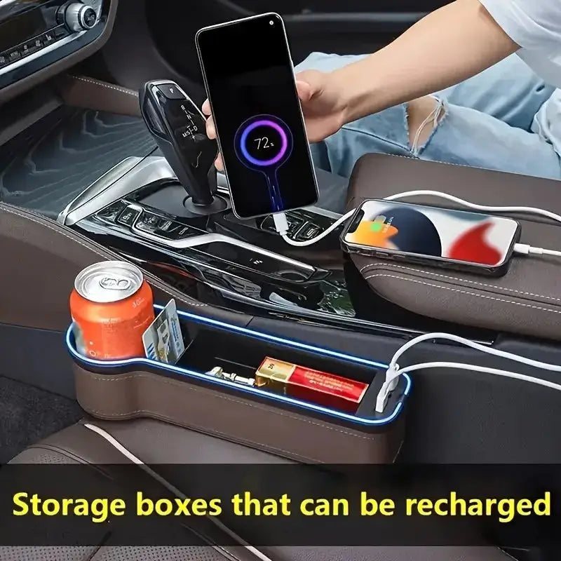 Universal car seat gap organizer with LED light, USB charging ports, and cup holder in use, storing phone, drink, and accessories in front seat.