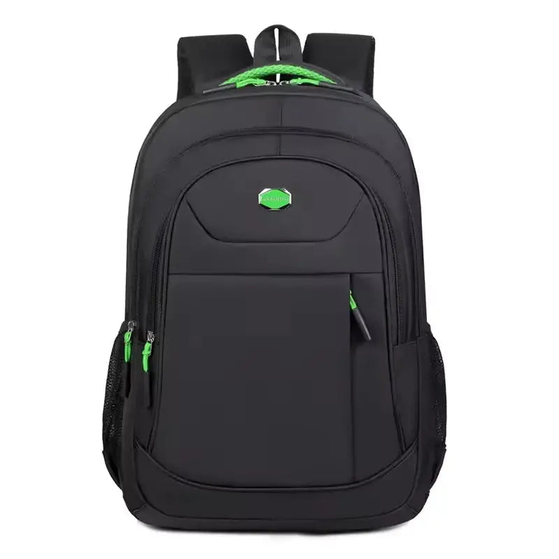 Black men’s waterproof Oxford backpack with green zipper accents, designed for students, commuters, and business professionals.