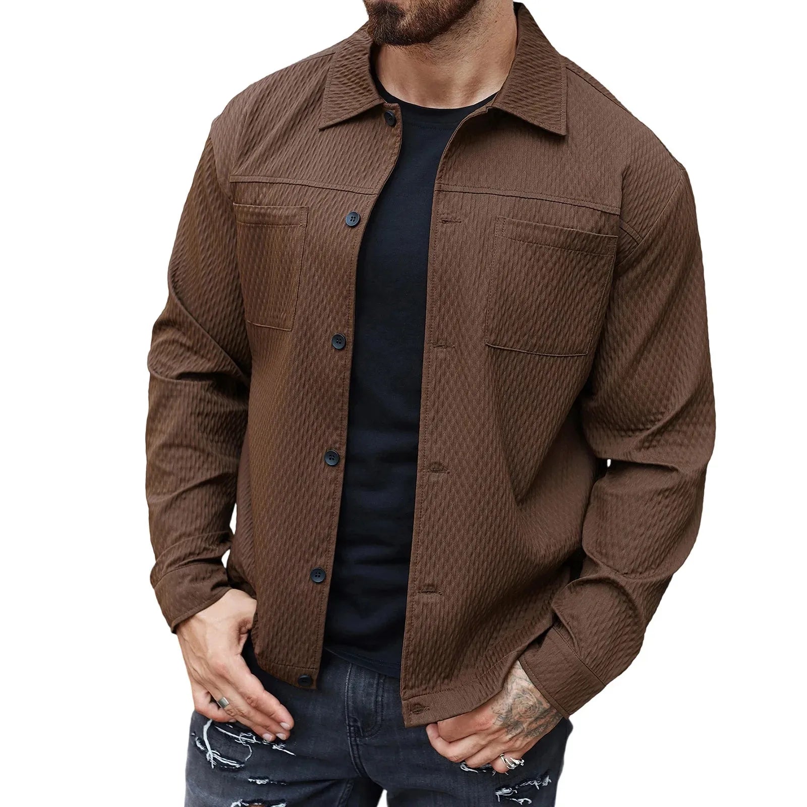 Casual Shirt Jacket Men with Solid Button Up Long Sleeves