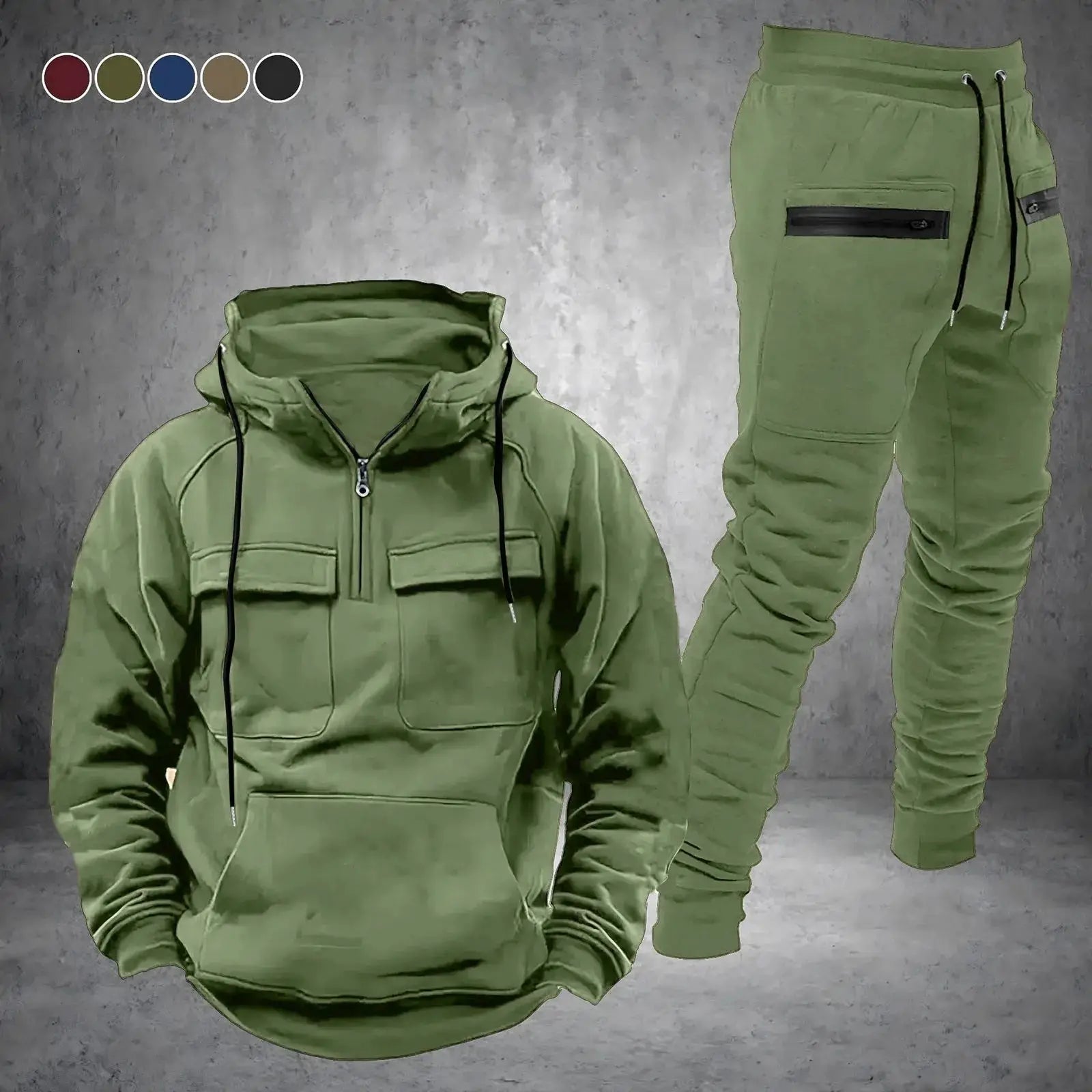 Green men’s 2-piece tracksuit displayed on a textured background, featuring a half-zip hoodie and jogger pants for casual or athletic use.