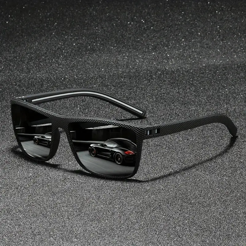 Black-white frame vintage square polarized sunglasses with UV400 protection, featuring mirrored lenses reflecting a sports car scene.