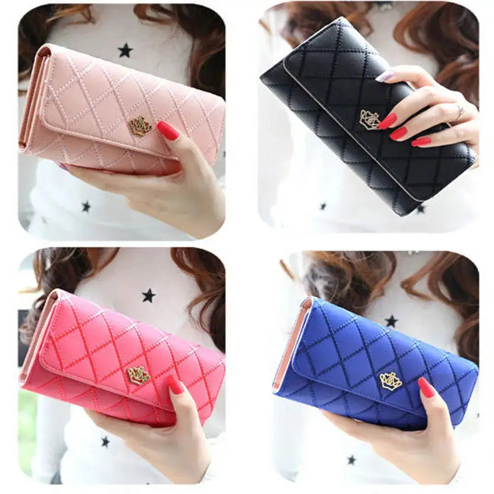 Women’s long PU leather wallet with crown detail, bifold card holder and phone organizer purse for daily use