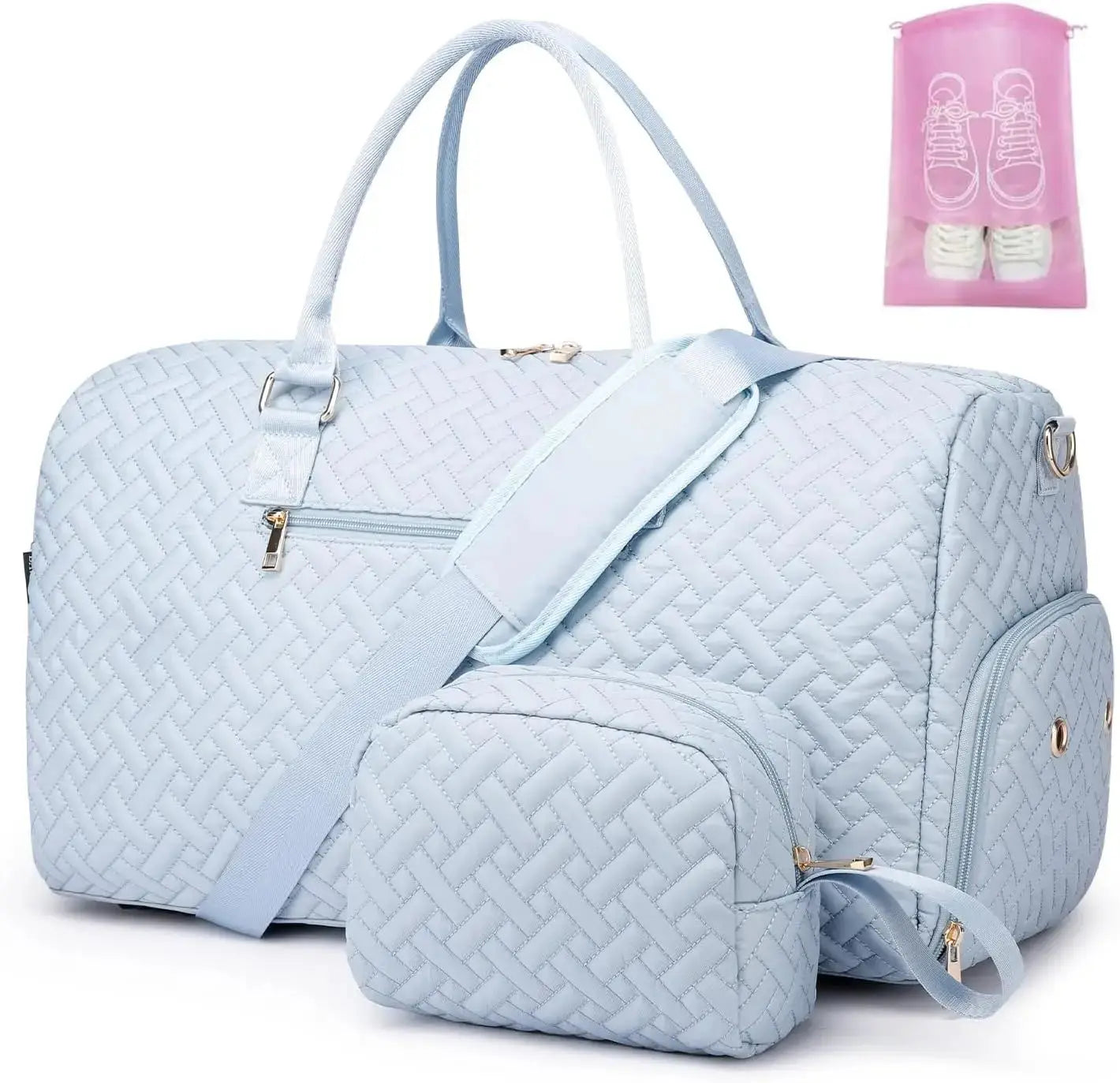 Women's travel duffle bag with shoe compartment and toiletry pouch, ideal for weekend trips or carry-on use