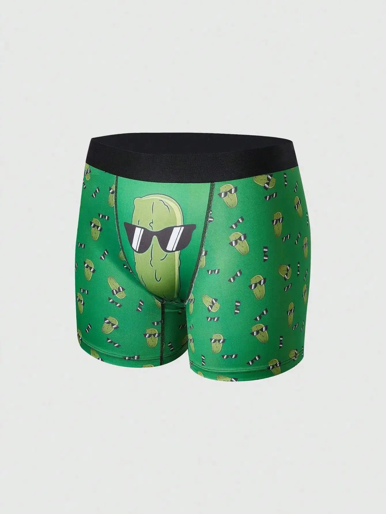Green men's breathable boxer briefs with cartoon pickle print, part of 10-pack stretchy and quick-dry sports trunks.