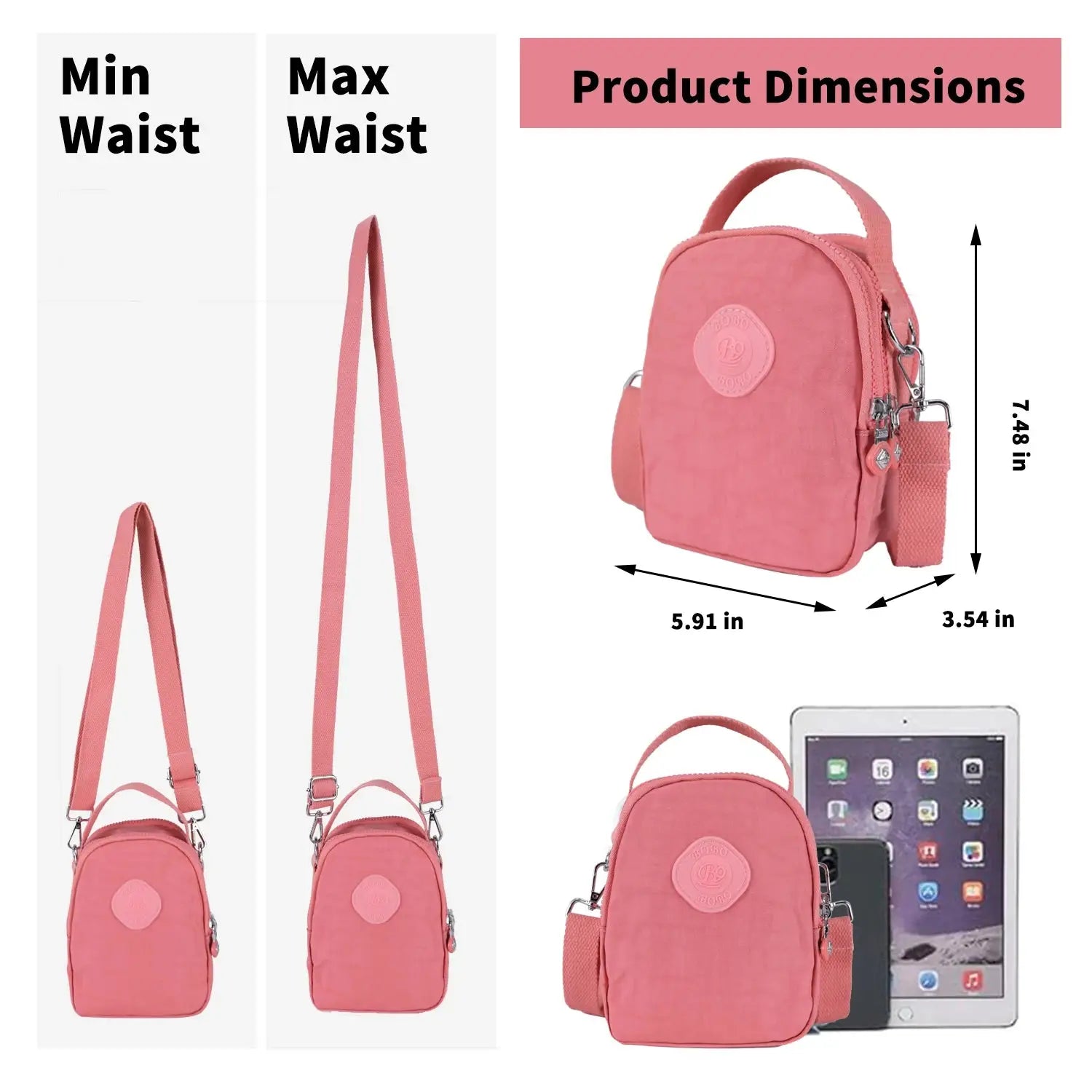 Size chart and strap length of lightweight women's crossbody bag, showing compact dimensions and adjustable strap for versatile wear.