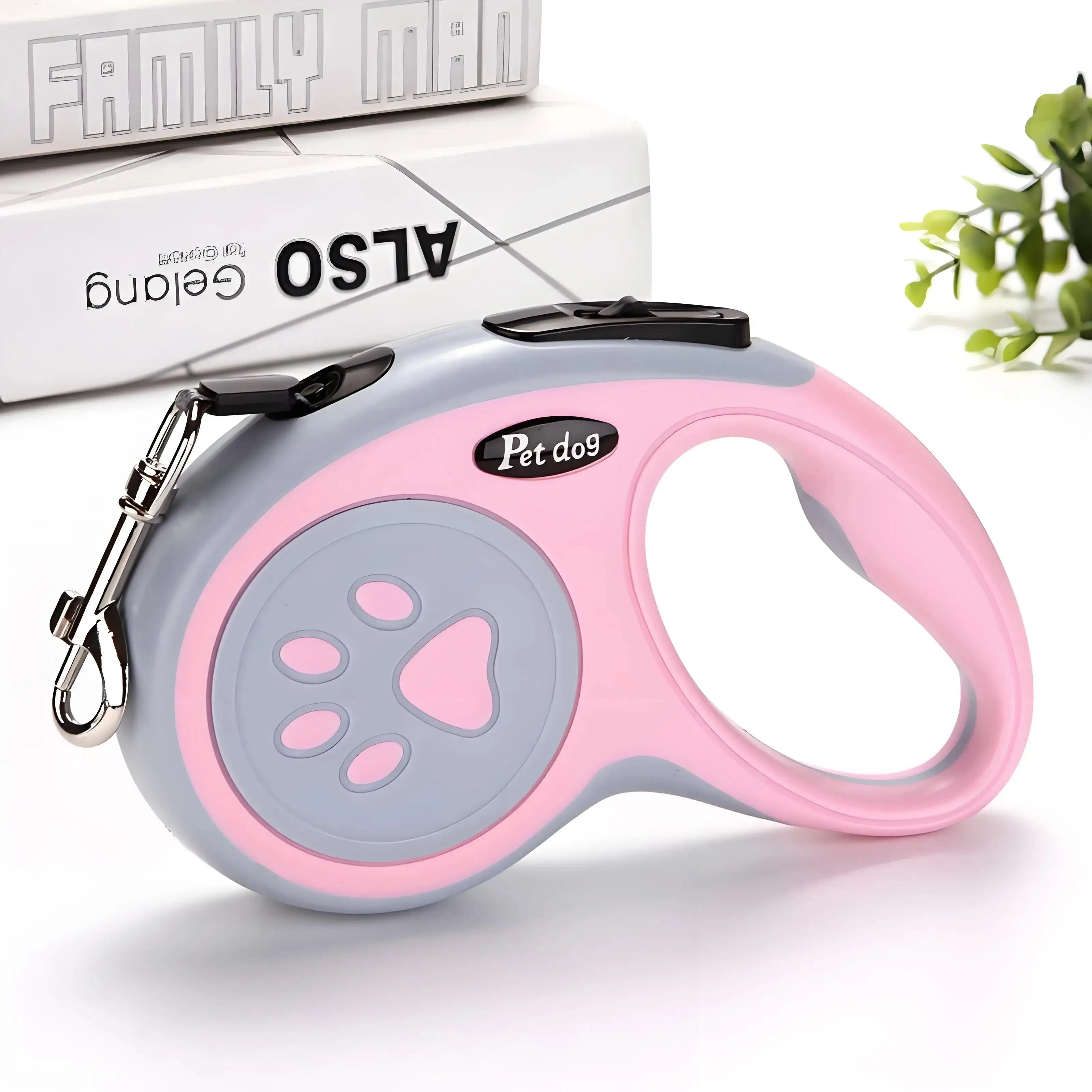 Pink Automatic Retractable Nylon Pet Leash with paw print design. Durable and stylish extending lead for small dogs and cats in pet supplies.