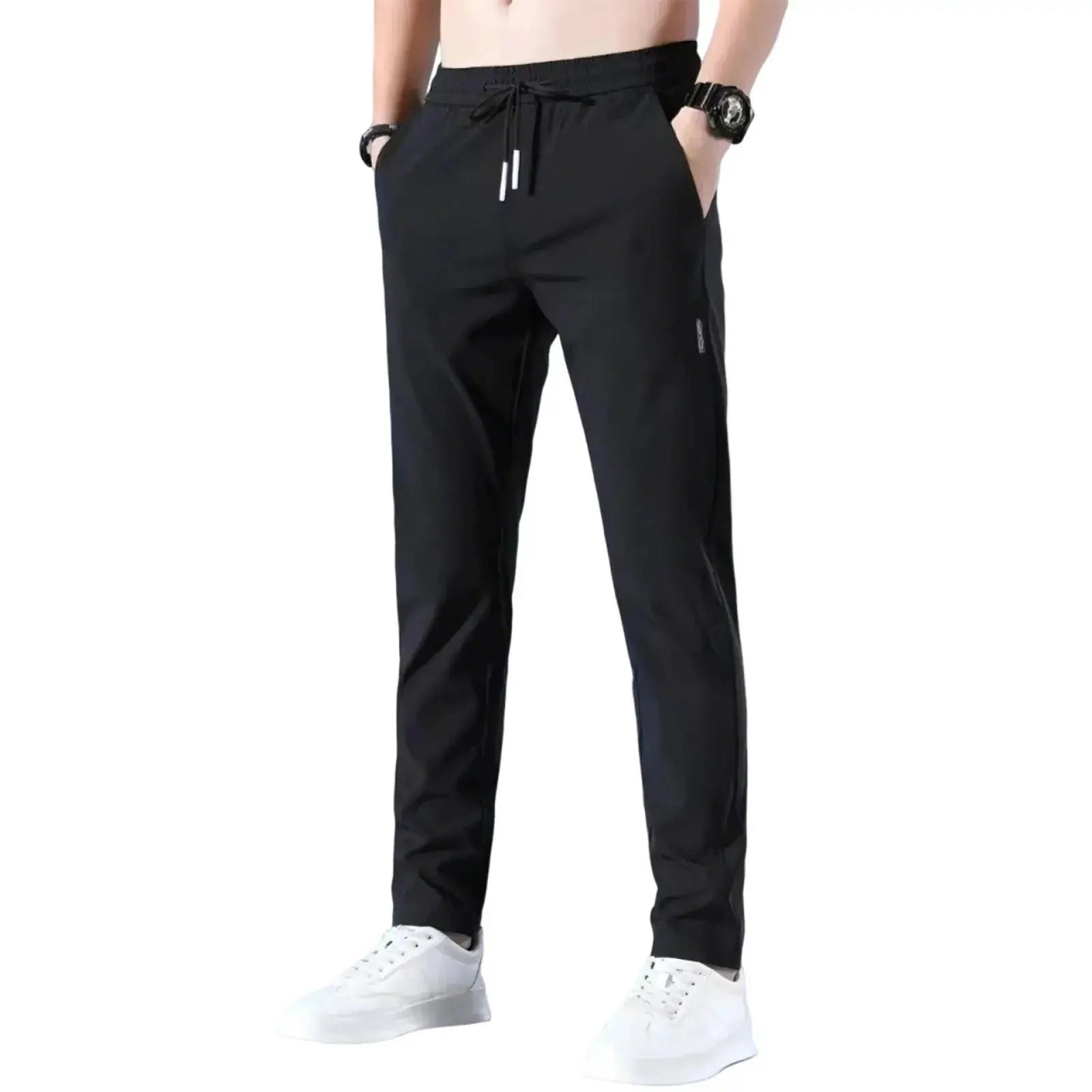 Black men’s quick-dry stretch pants made with breathable ice silk fabric, offering a mid-waist loose fit and straight-leg silhouette.