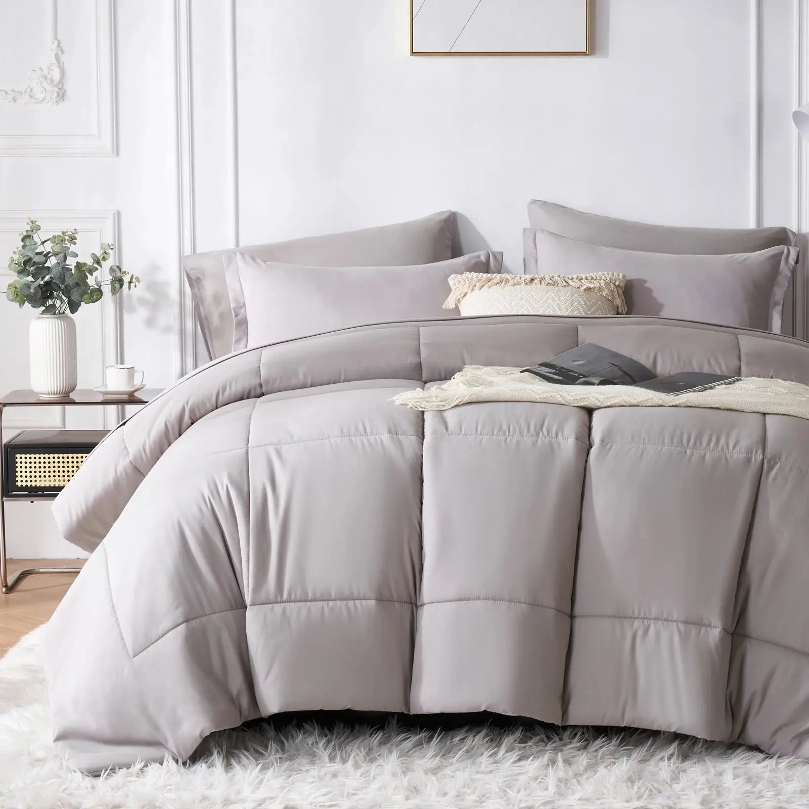 7-piece Queen bed-in-a-bag set with solid geometric comforter, sheets and pillowcases included