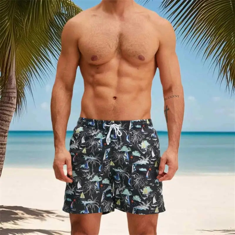 Men’s Quick-Dry Swim Trunks Tropical Palm Print Beach Shorts with Elastic Waist & Drawstring