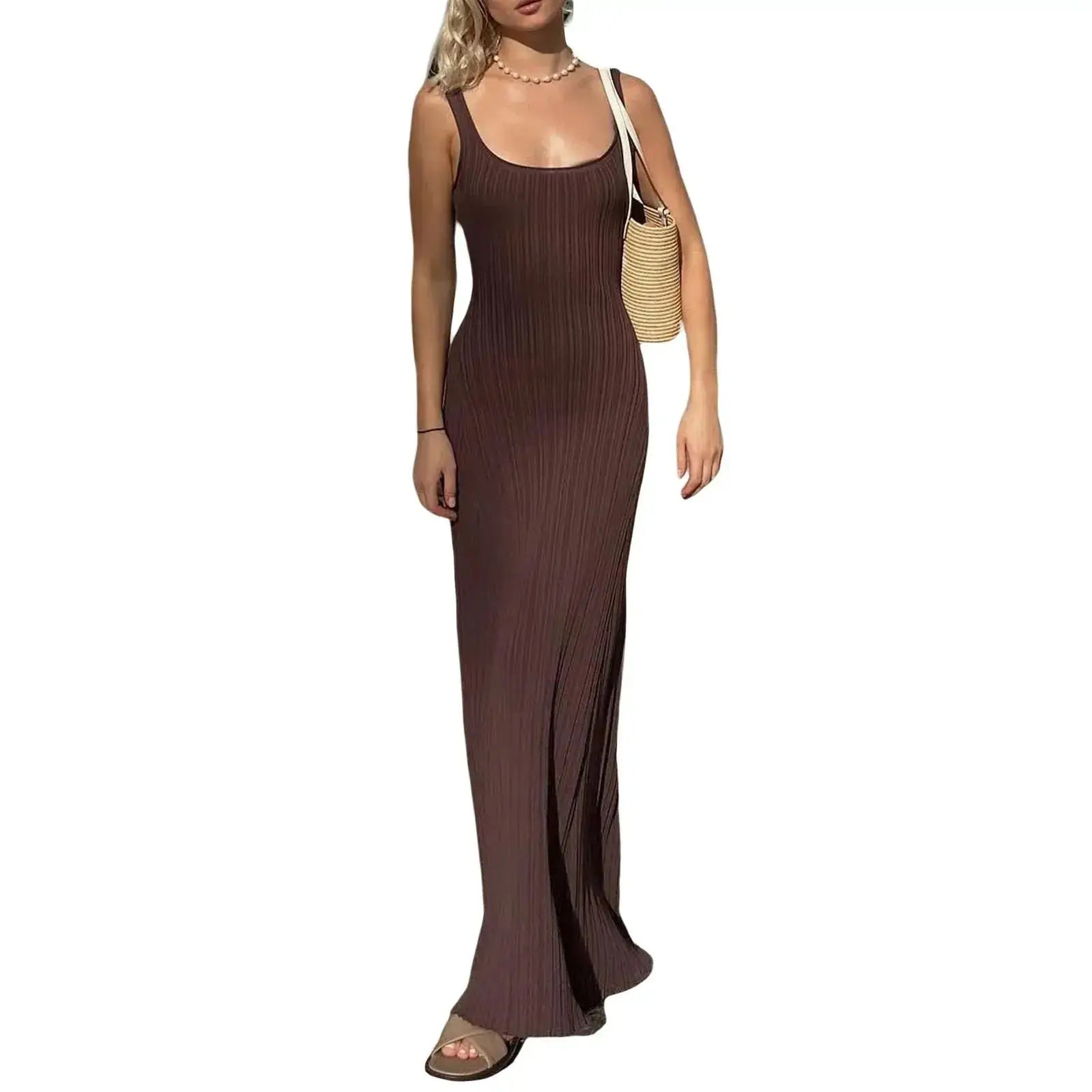 Isolated view of brown women’s sleeveless knit tank dress with U-neck and long fit, ideal for casual summer events and beachwear.