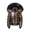 Metallic winter down jacket with black fur hood