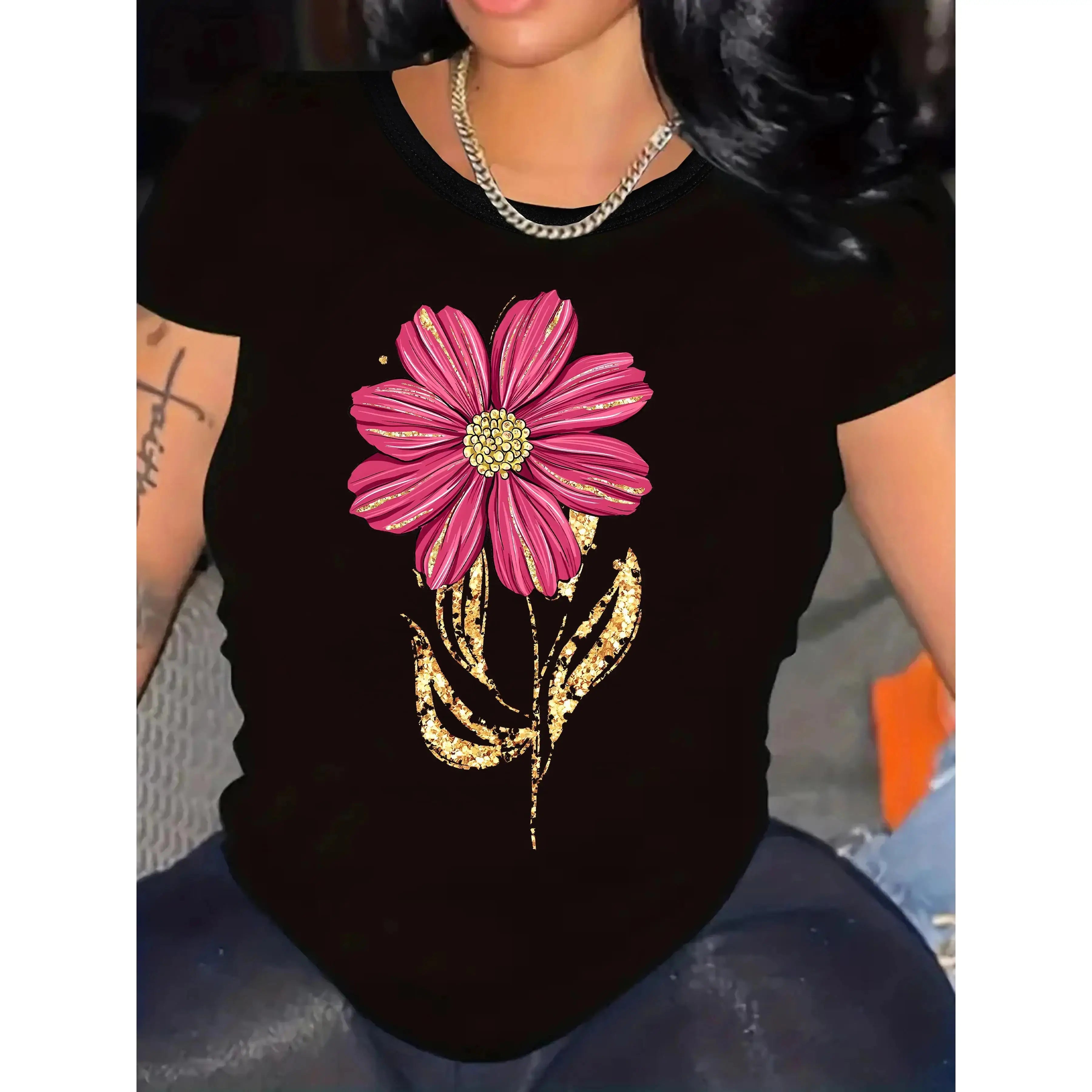 Women’s Pink Floral Casual T-Shirt – Lightweight Round Neck Tee with Golden Accents for Spring Style