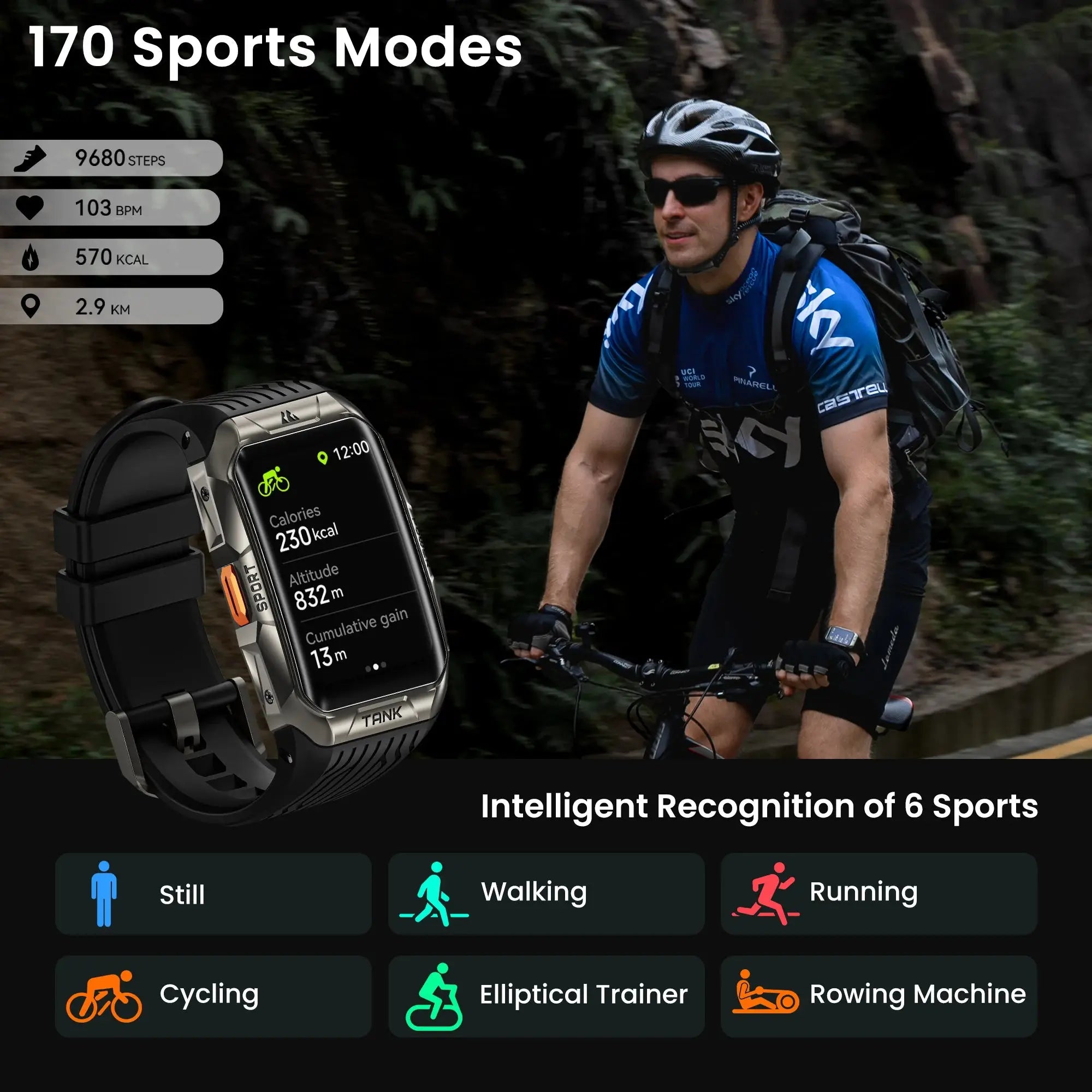 Smartwatch for Men 1.64" AMOLED tracking cycling activity with 170 sport modes and intelligent recognition of six sports including running and walking.