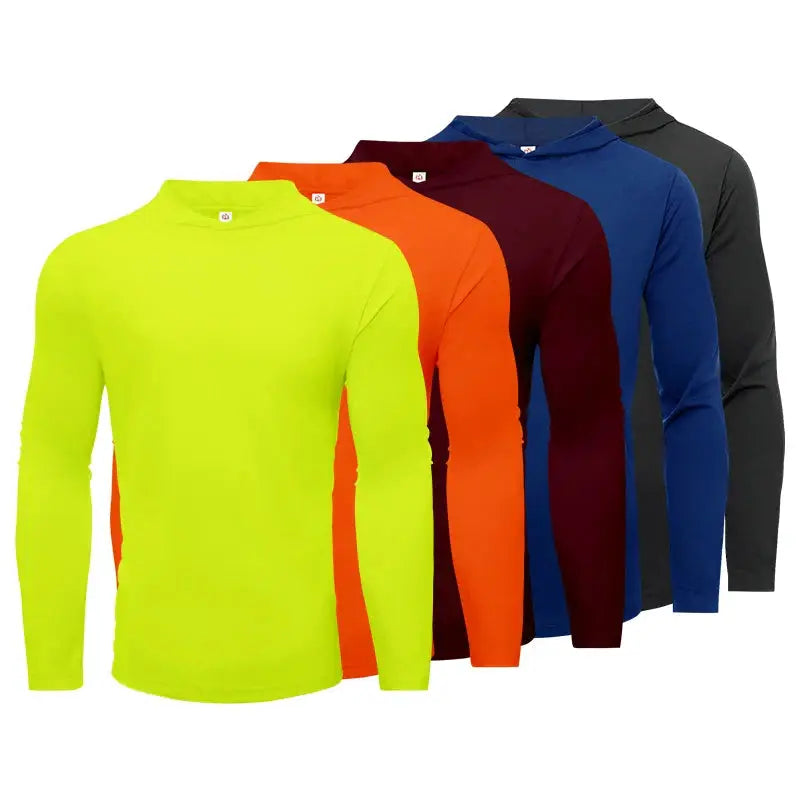 Mens 5-piece sportswear set with long sleeve hooded T-shirts in neon yellow, orange, maroon, navy blue, and black for running and fitness.