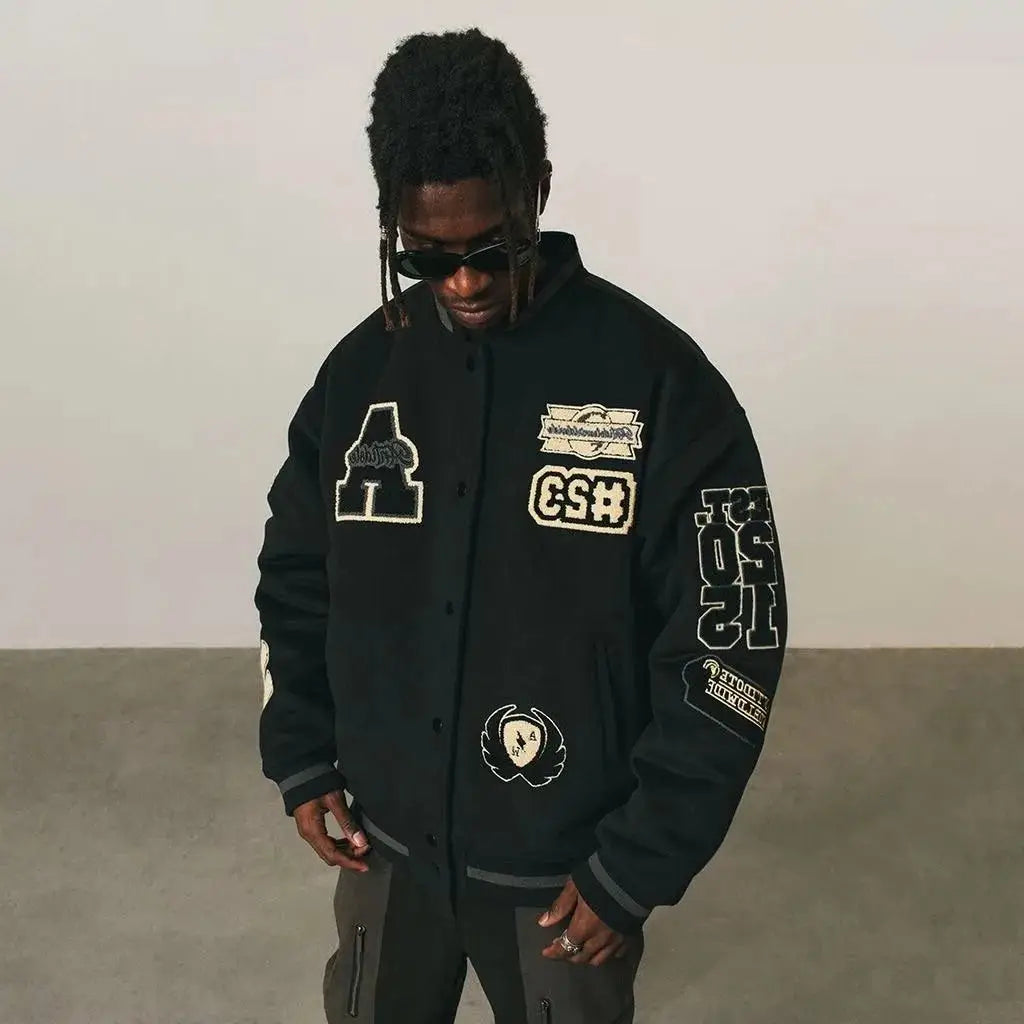 Mens Vintage Bomber Jacket Flocked Embroidery Stand Collar Loose High Street Spring Coat