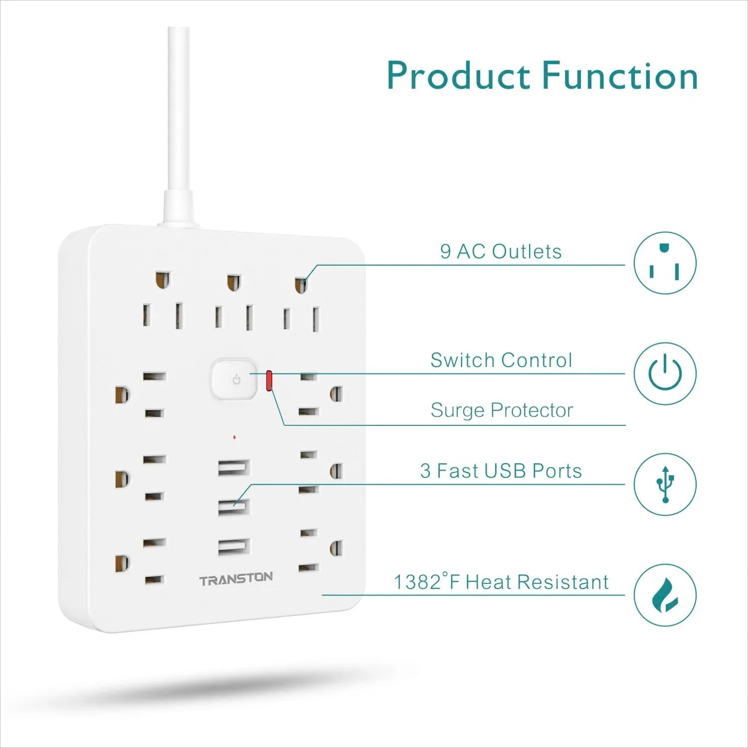 Power Strip Surge Protector 9 Outlet 3 USB 10ft Long Cord