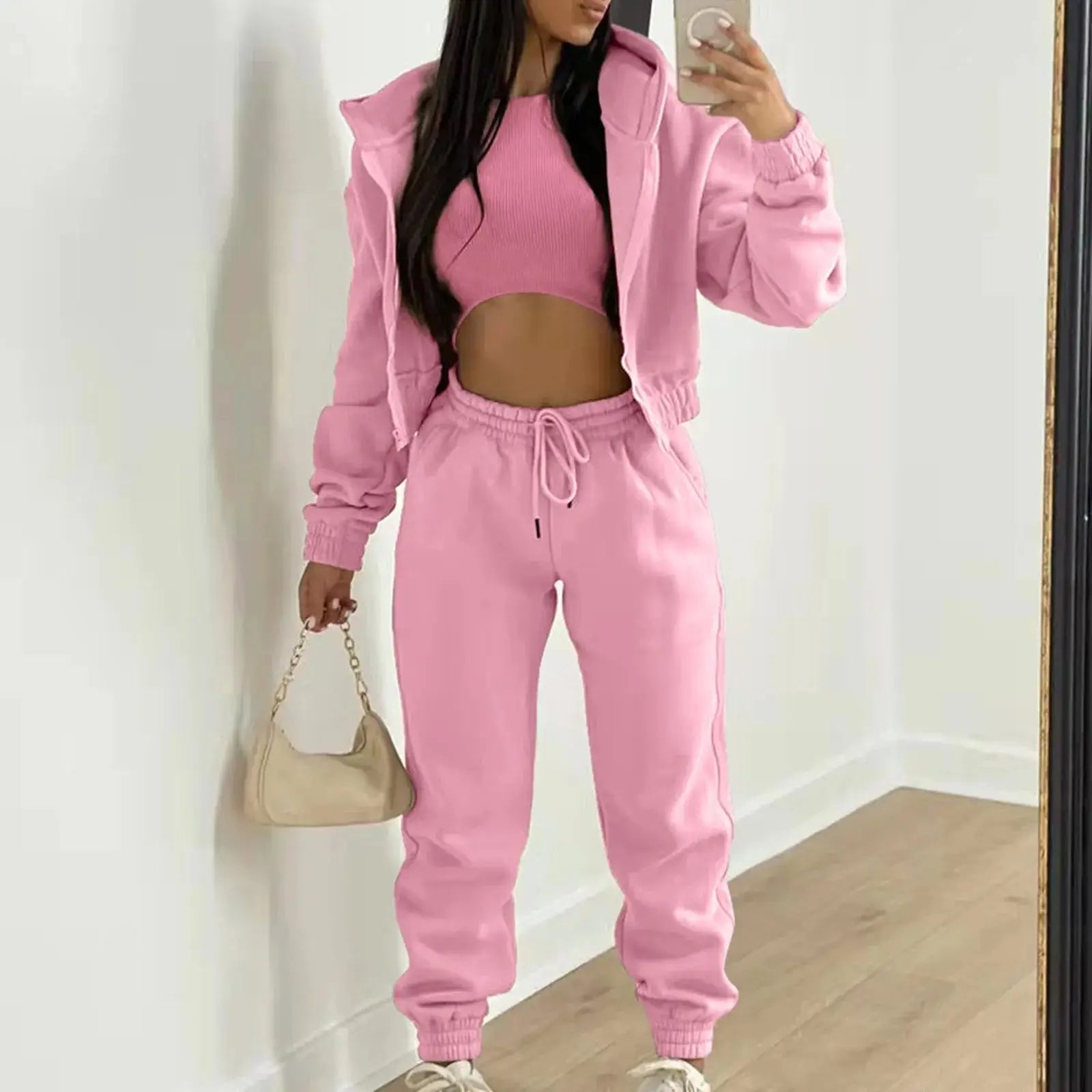 Women's Autumn Winter Casual Tracksuit Set with Vest Top, Zipper Jacket and Loose Pants, Available in Plus Sizes