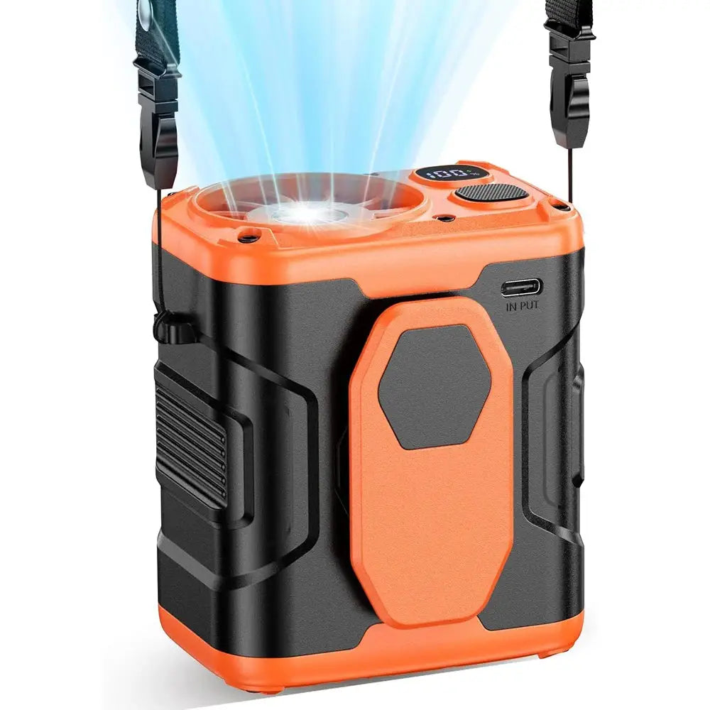 10000mAh Portable Waist Fan with Power Bank – 5-Speed Hanging Neck Cooling Fan with LED Light for Outdoor Work