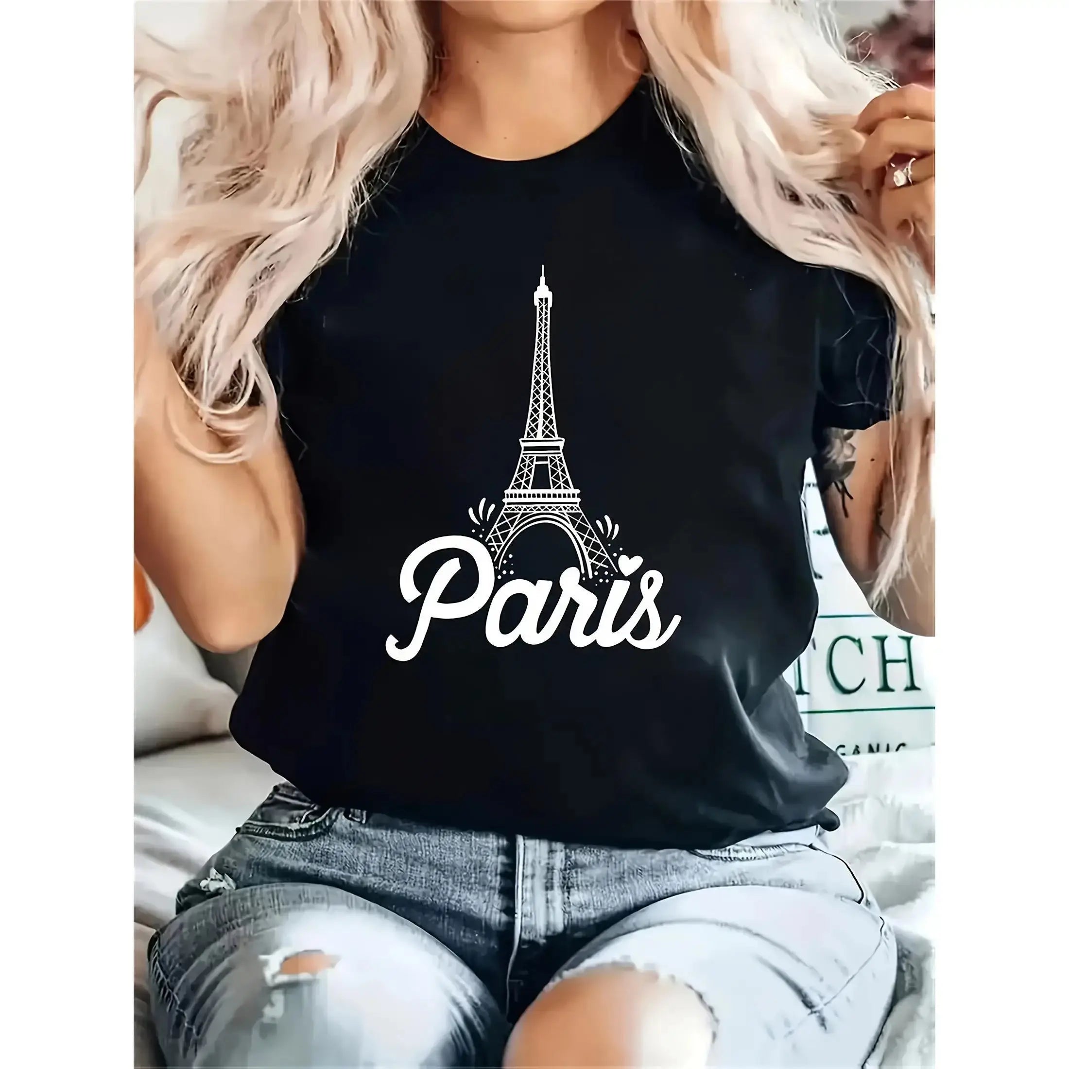 Paris Eiffel Tower Graphic T-Shirt – Soft Cotton Tee with Script Print for Streetwear