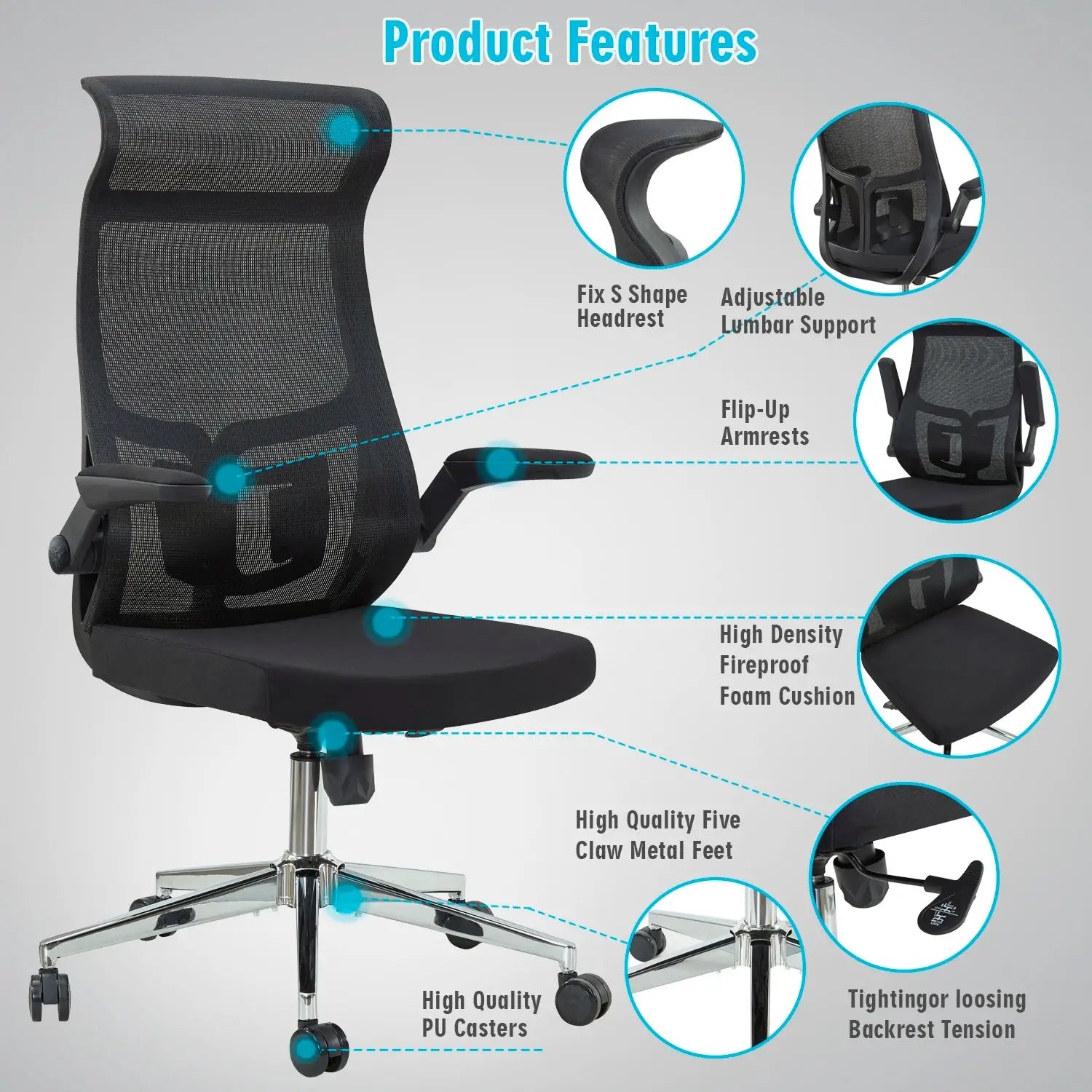 Ergonomic Office Chair Fixed Headrest Flip-Up Arms Lumbar Support PU Wheels & Swivel Tilt