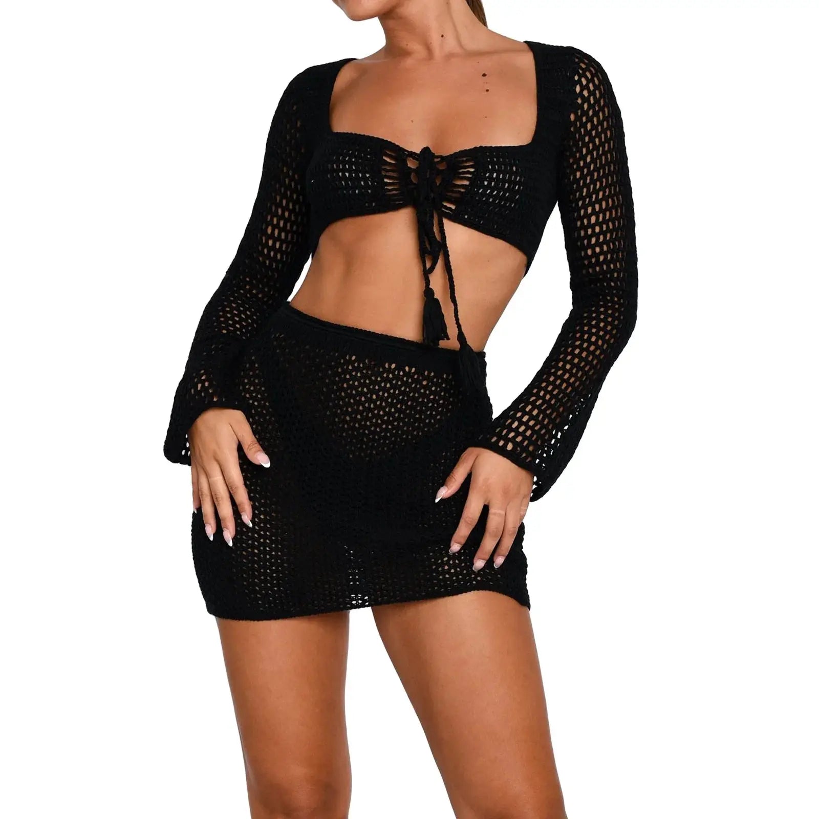 Womens 2-piece beachwear set featuring a black knit tie-front long sleeve cover-up and matching mini sarong skirt, ideal for summer swimwear style.
