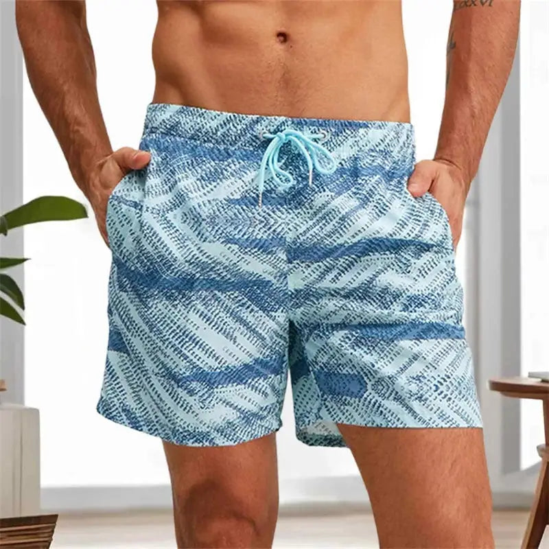 Men’s Quick-Dry Swim Trunks Tropical Palm Print Beach Shorts with Elastic Waist & Drawstring